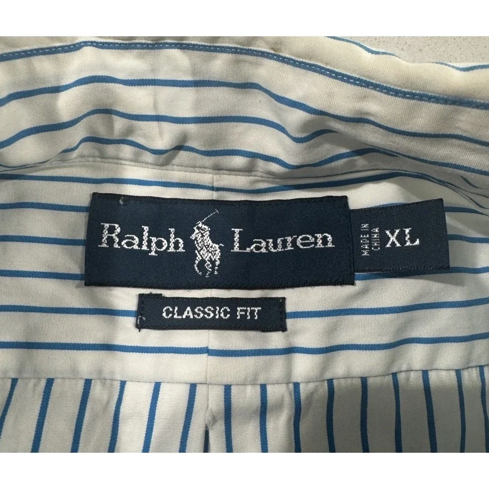 Ralph Lauren‎ Oxford Shirt Mens XL White Blue Stripes Classic Fit Button Down